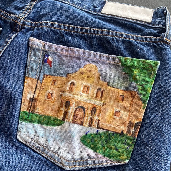Handpainted Alamo Texas RE/DONE Mid Rise Straight Leg Jeans San Antonio Cowgirl - Picture 12 of 13